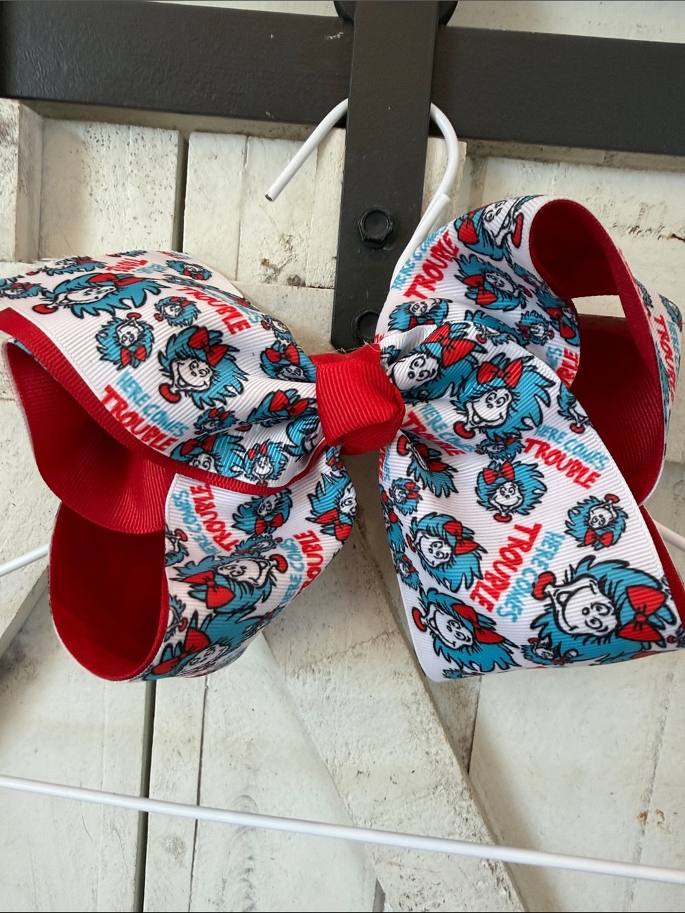 Kids Red Cat in the Hat Print Hair Bow
